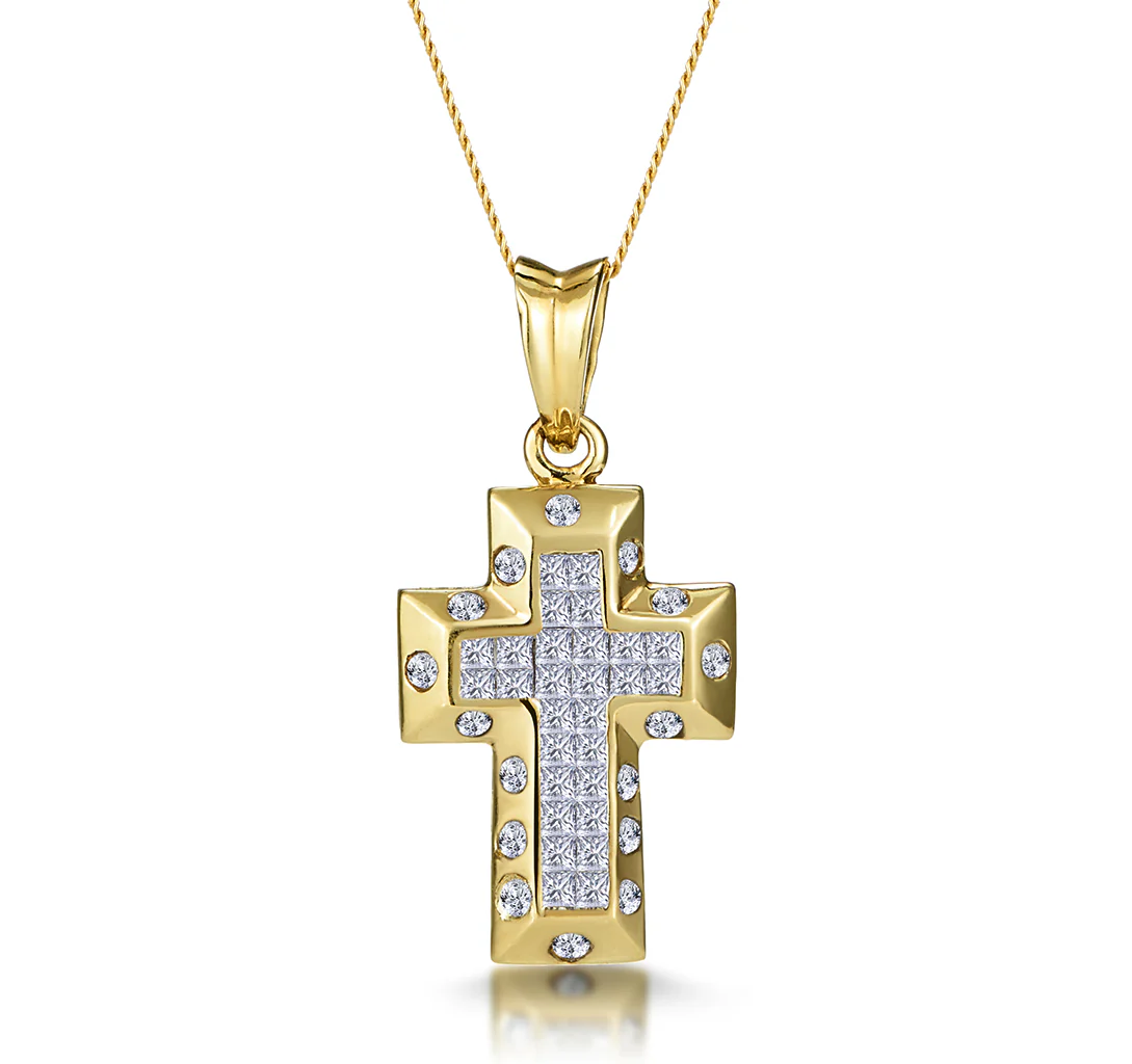 3/4 Carat Diamond Cluster Cross Pendant in 9K Gold