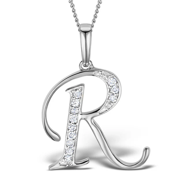 9K White Gold Diamond Initial 'R' Necklace 0.05ct
