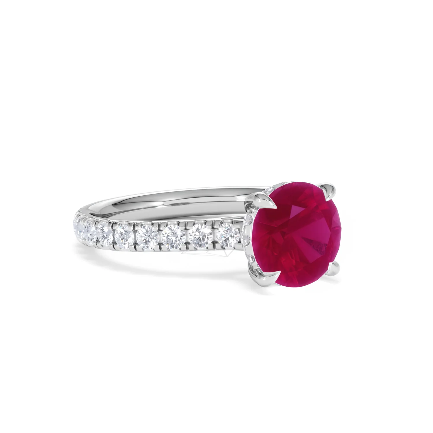 Amora Gem 2.00ct Round Cut Lab Ruby Hidden Halo Engagement Ring with Side Stones in 18K White Gold - Image 16