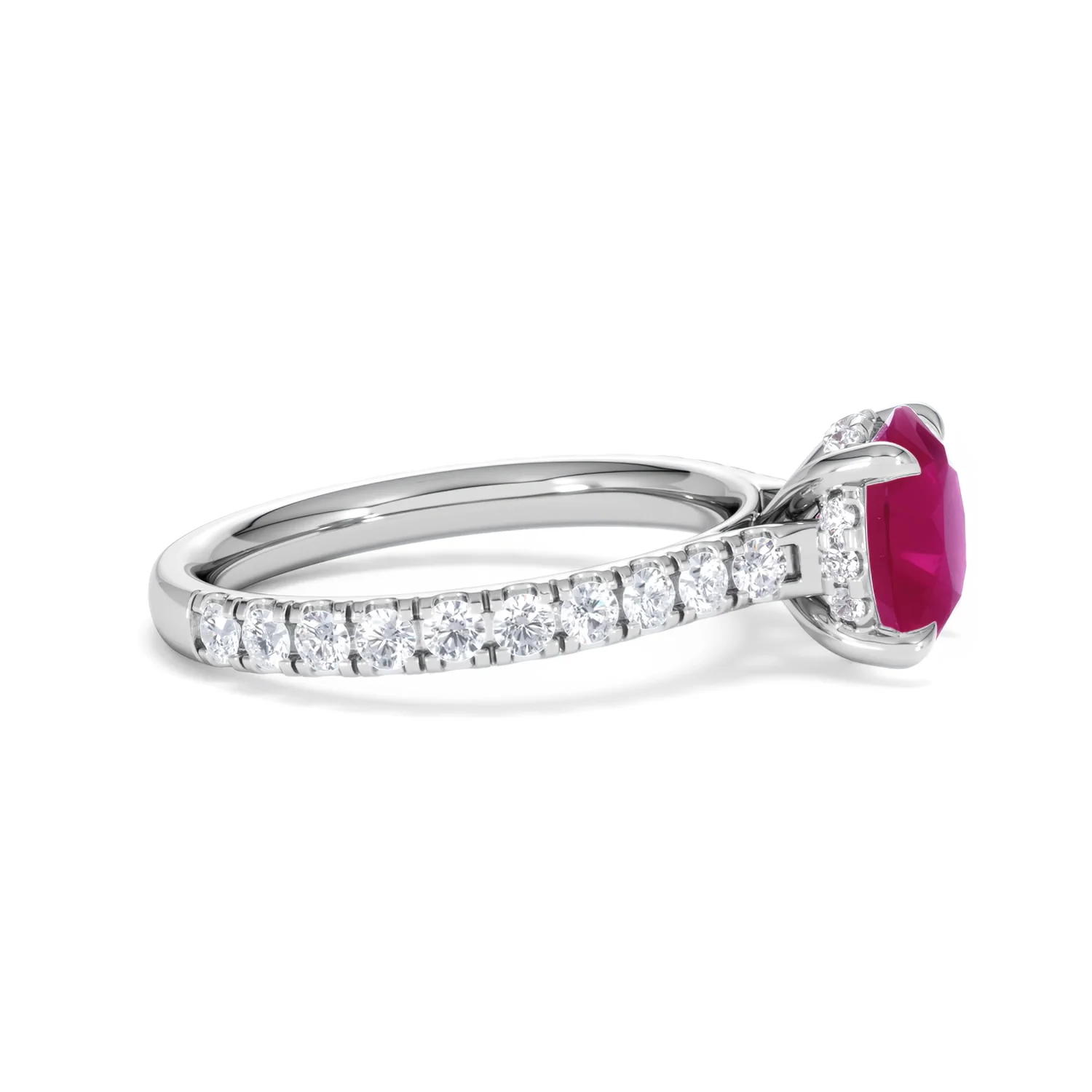 Amora Gem 2.00ct Round Cut Lab Ruby Hidden Halo Engagement Ring with Side Stones in 18K White Gold - Image 26