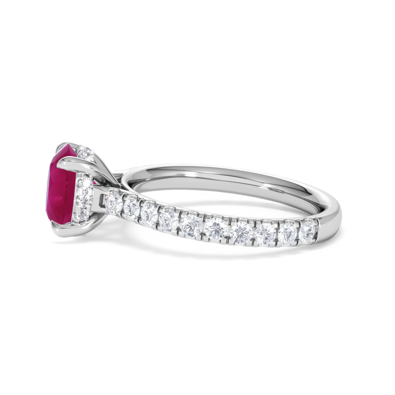 Amora Gem 2.00ct Round Cut Lab Ruby Hidden Halo Engagement Ring with Side Stones in 18K White Gold - Image 70