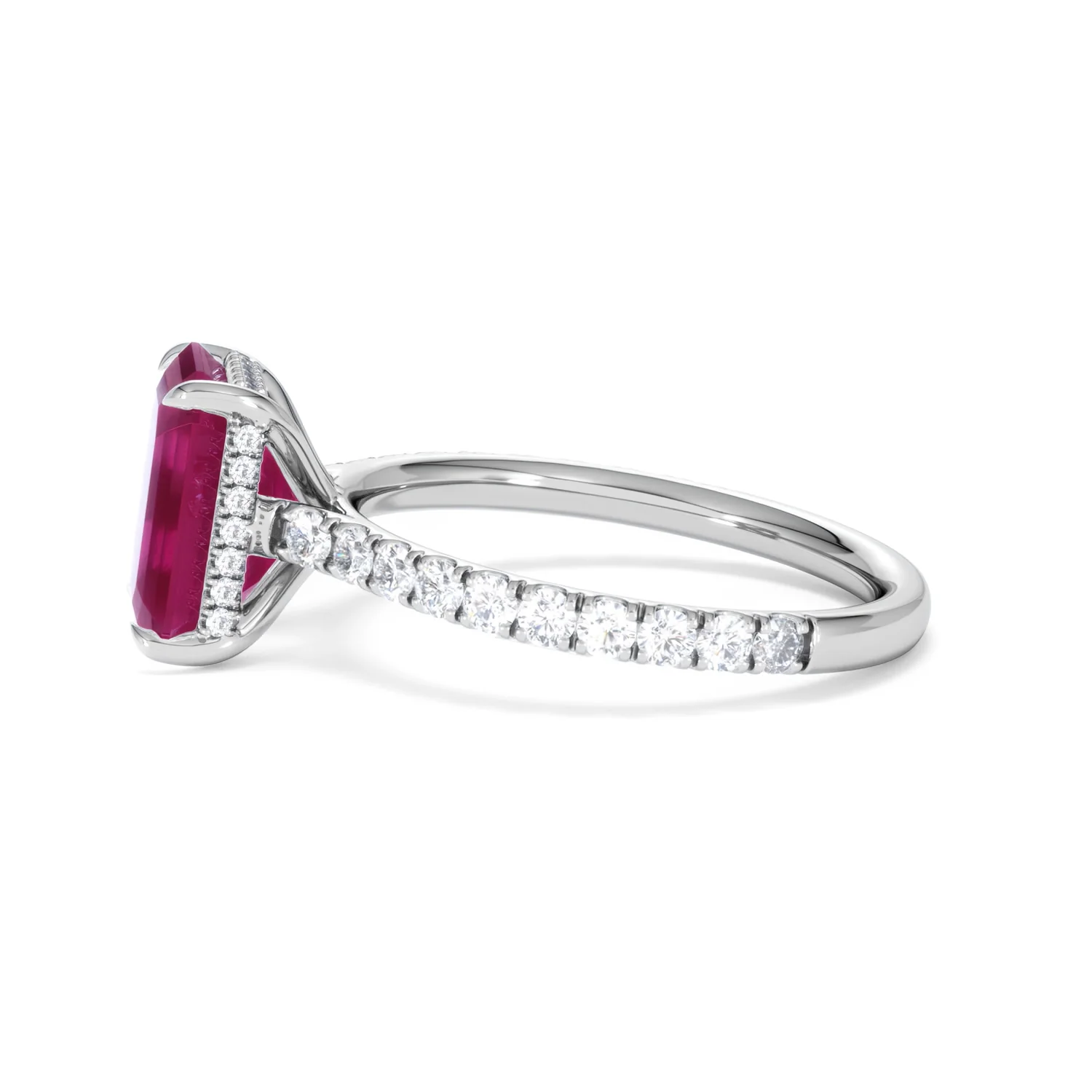 Amora Gem 2.50ct Emerald Cut Lab Ruby Hidden Halo Engagement Ring with Side Stones in 18K White Gold - Image 70