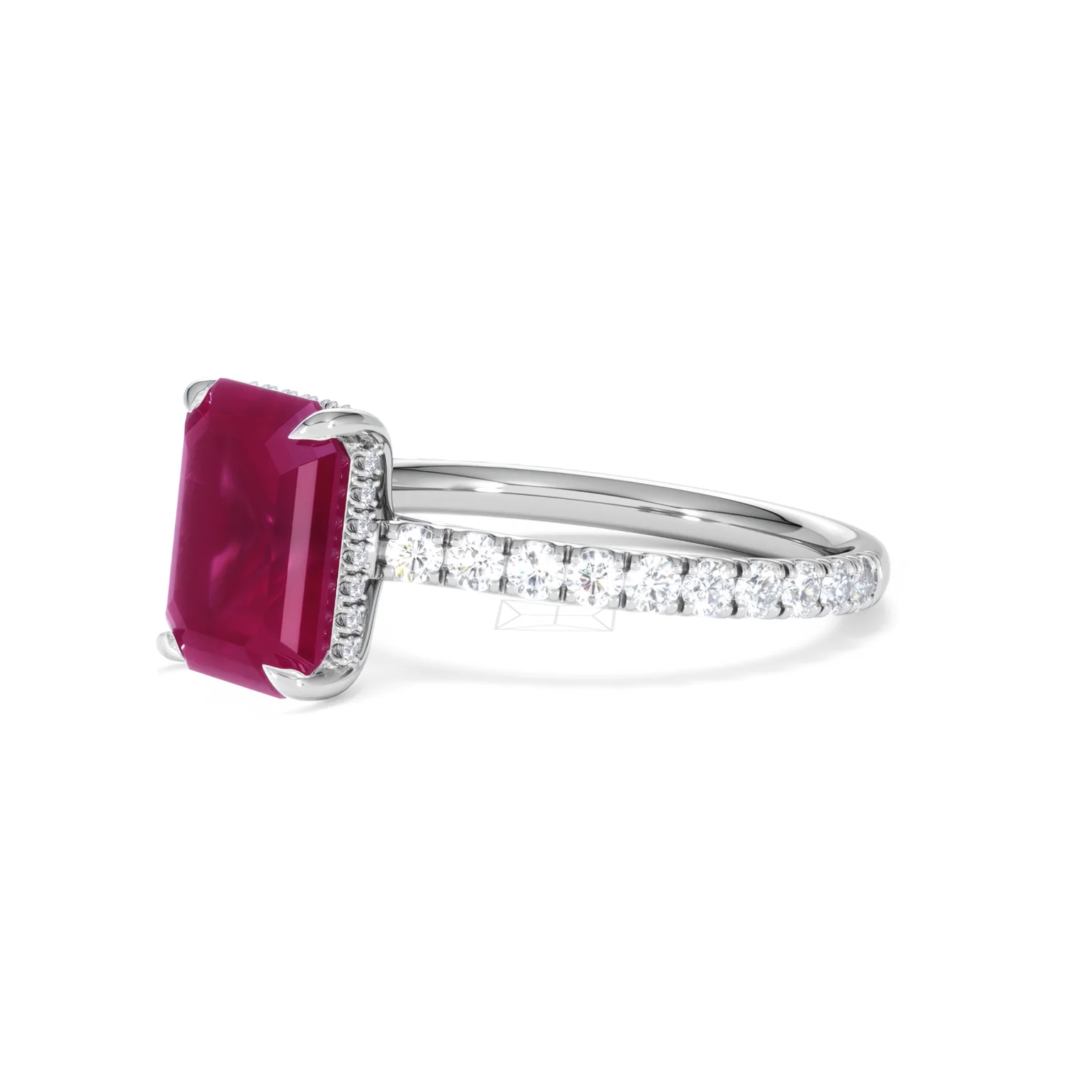 Amora Gem 2.50ct Emerald Cut Lab Ruby Hidden Halo Engagement Ring with Side Stones in 18K White Gold - Image 78