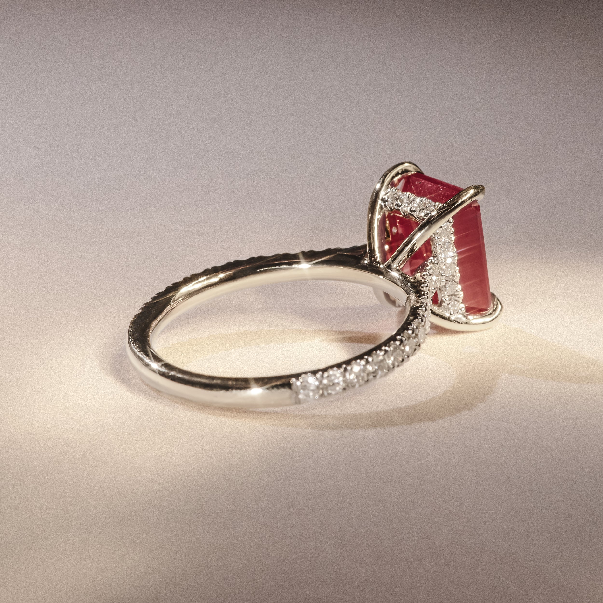 Amora Gem 2.50ct Emerald Cut Lab Ruby Hidden Halo Engagement Ring with Side Stones in 18K White Gold - Image 8
