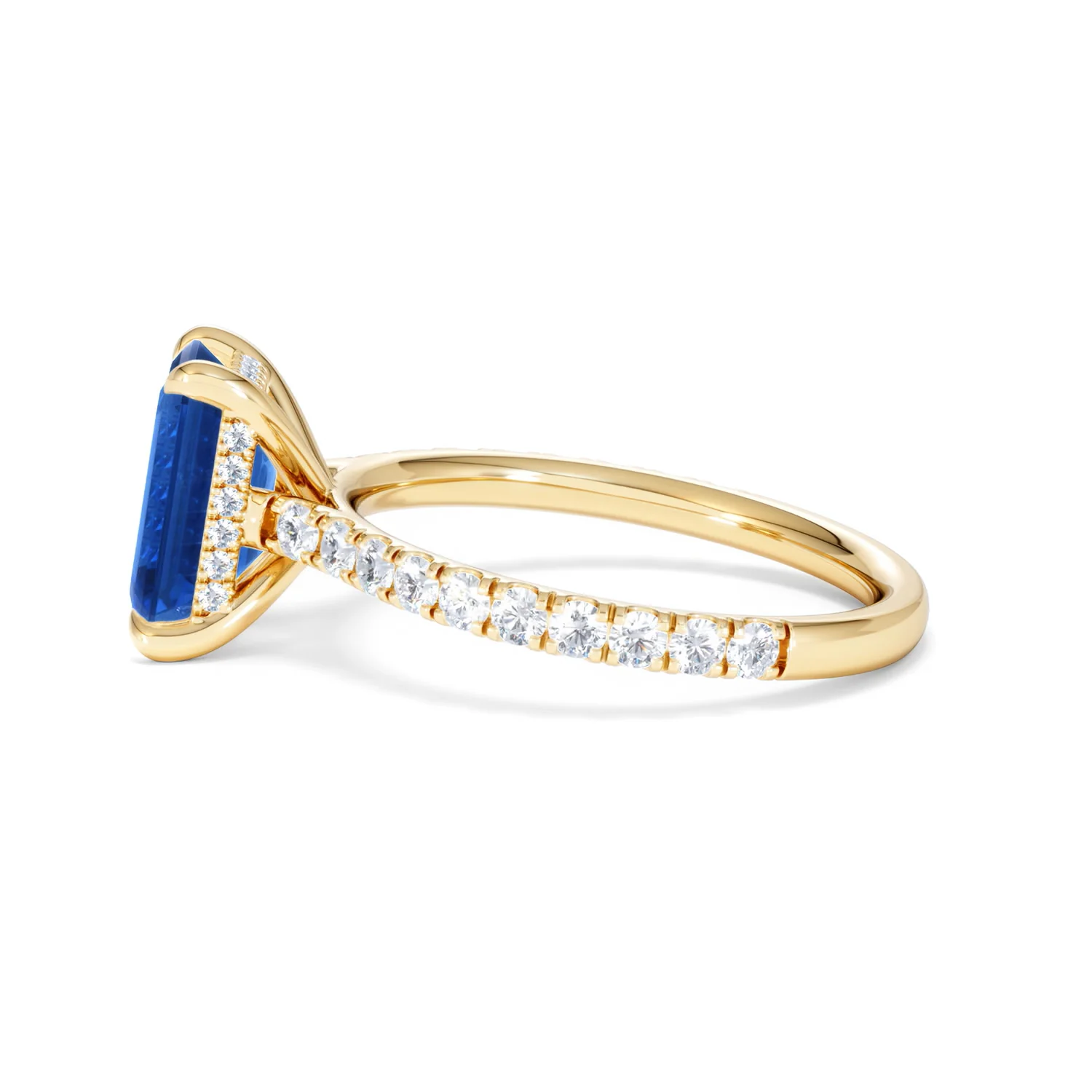 Amora Gem 2.50ct Emerald Cut Lab Sapphire Hidden Halo Engagement Ring with Side Stones in 18K Yellow Gold - Image 69
