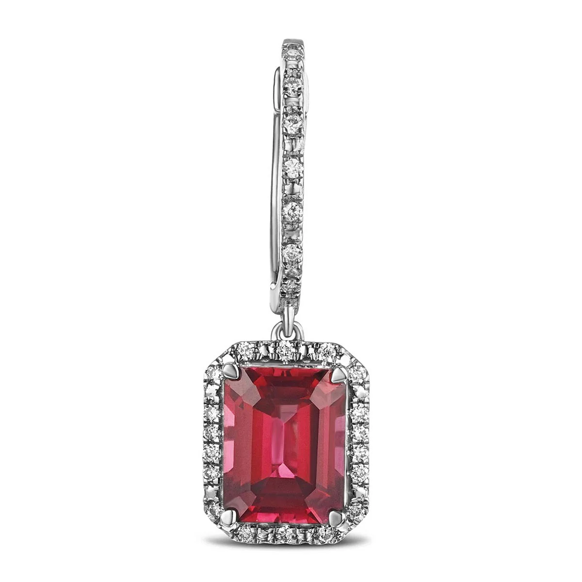 Astra 3.50ct Lab Ruby and Diamond Drop Halo Octagon Cut Earrings in Silver - Image 5