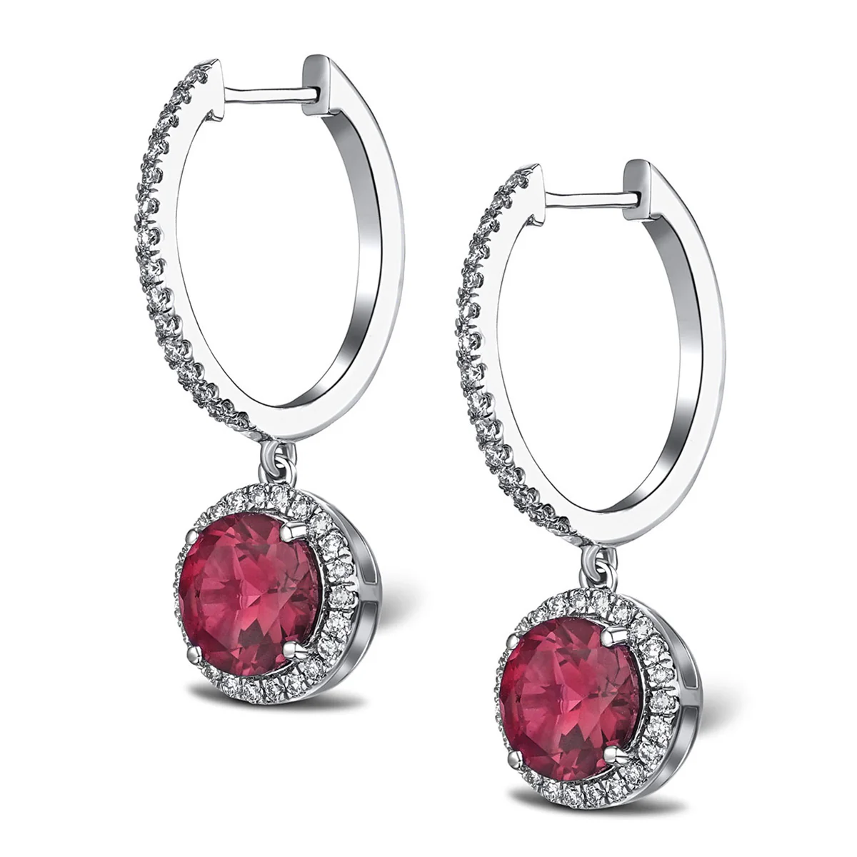 Astra 7.10ct Lab Ruby and Diamond Drop Halo Round Cut Earrings in Silver - Image 3