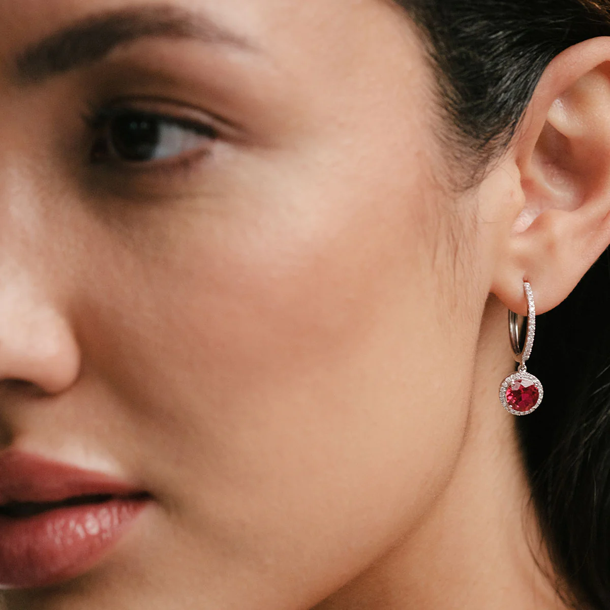 Astra 7.10ct Lab Ruby and Diamond Drop Halo Round Cut Earrings in Silver - Image 4