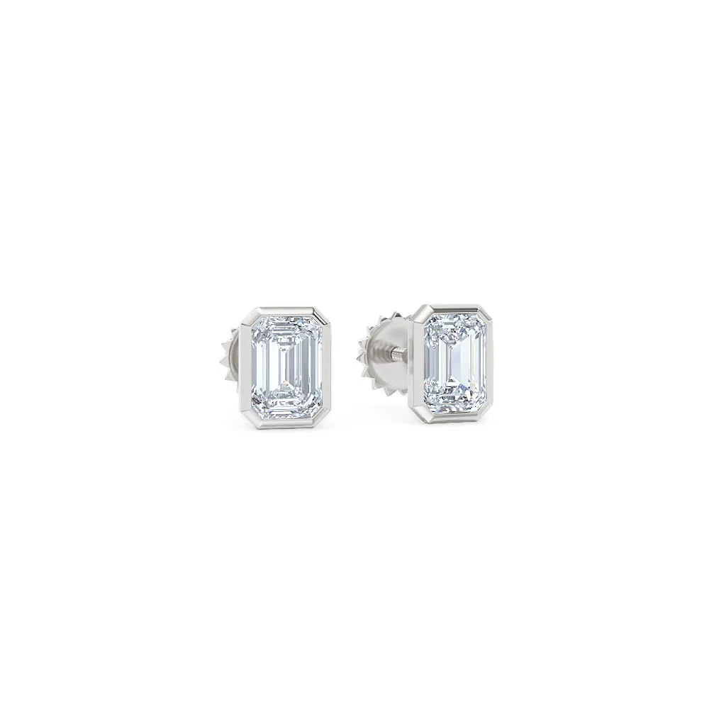 Bezel Set 1.00ct Emerald Cut Lab Diamond Stud Earrings in 18K White Gold - Image 13