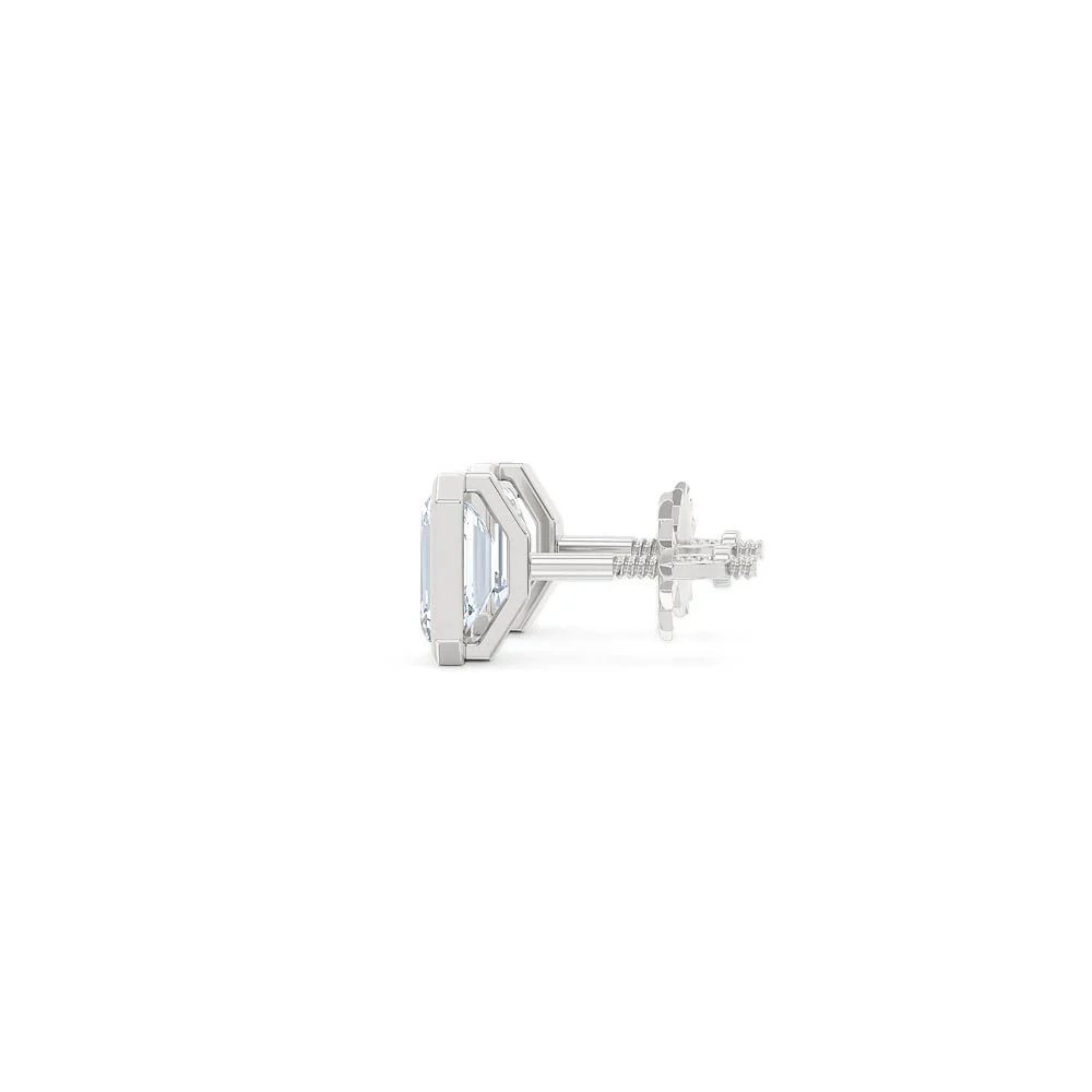 Bezel Set 1.00ct Emerald Cut Lab Diamond Stud Earrings in 18K White Gold - Image 67
