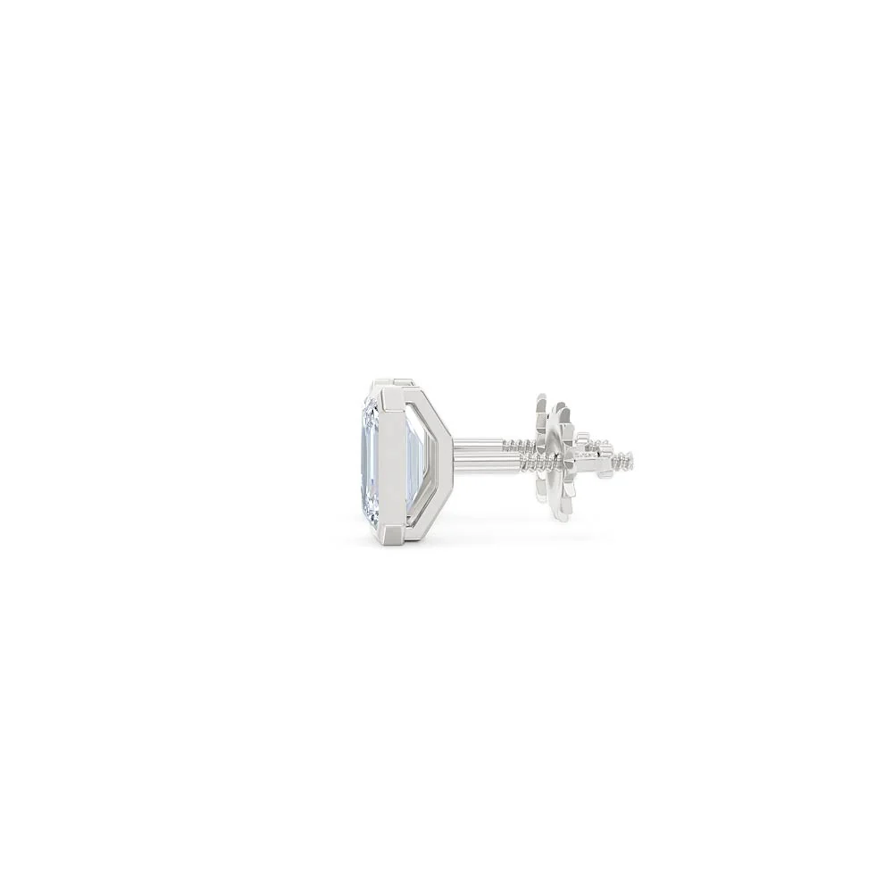 Bezel Set 1.00ct Emerald Cut Lab Diamond Stud Earrings in 18K White Gold - Image 69