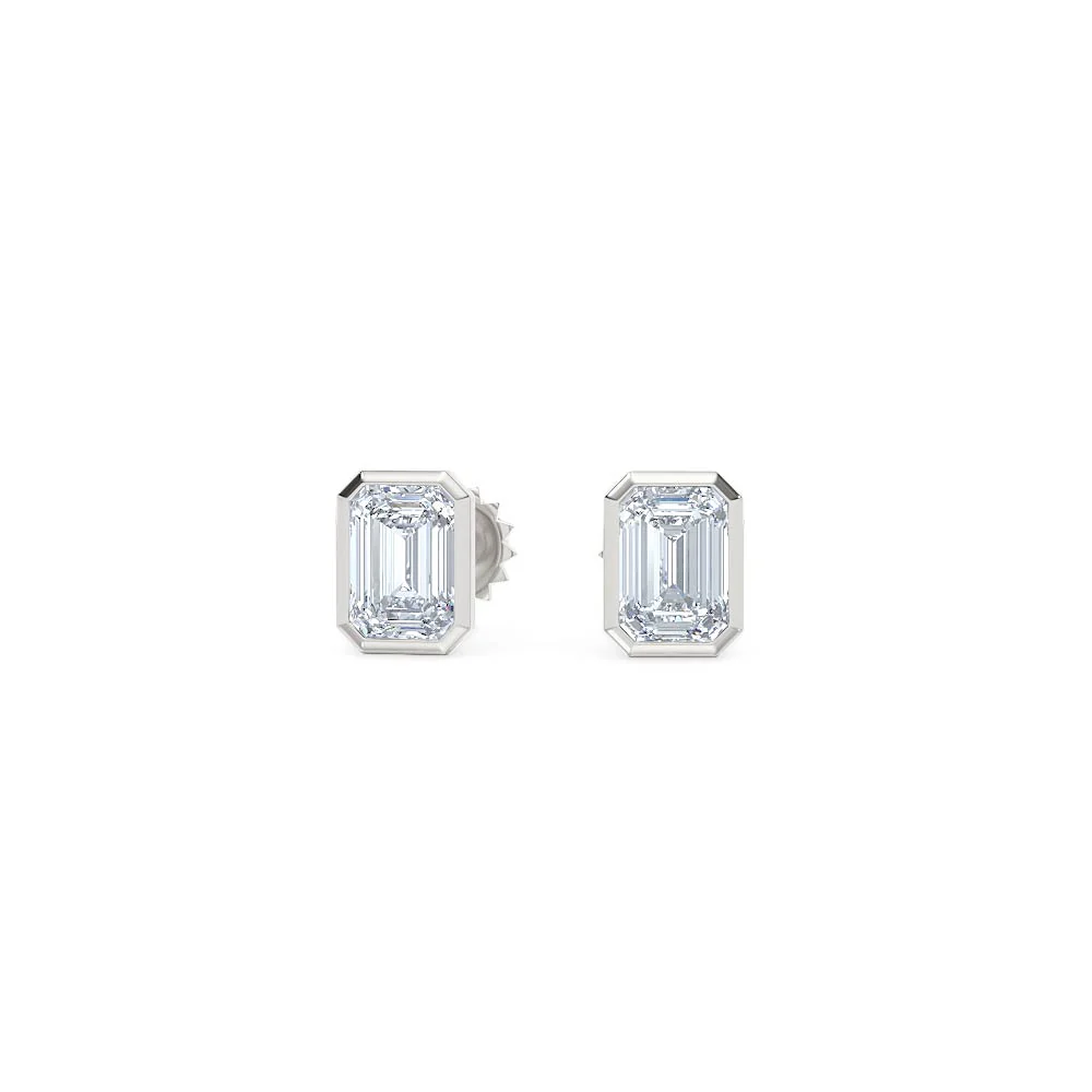 Bezel Set 1.00ct Emerald Cut Lab Diamond Stud Earrings in 18K White Gold - Image 87