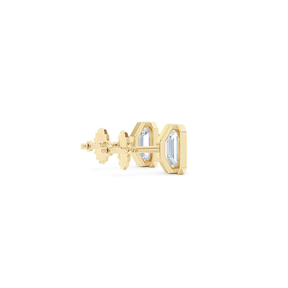 Bezel Set 1.00ct Emerald Cut Lab Diamond Stud Earrings in 18K Yellow Gold - Image 34