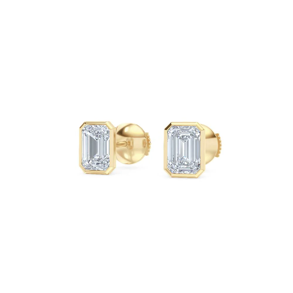 Bezel Set 2.00ct Emerald Cut Lab Diamond Stud Earrings in 18K Yellow Gold - Image 84