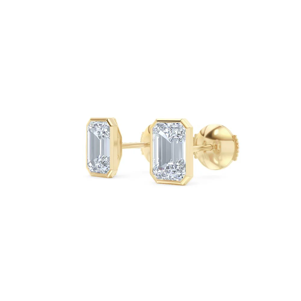 Bezel Set 3.00ct Emerald Cut Lab Diamond Stud Earrings in 18K Yellow Gold - Image 79