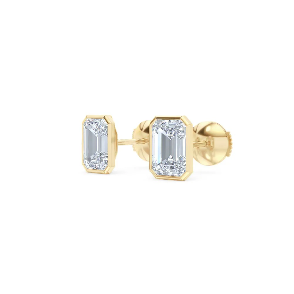 Bezel Set 3.00ct Emerald Cut Lab Diamond Stud Earrings in 18K Yellow Gold - Image 80