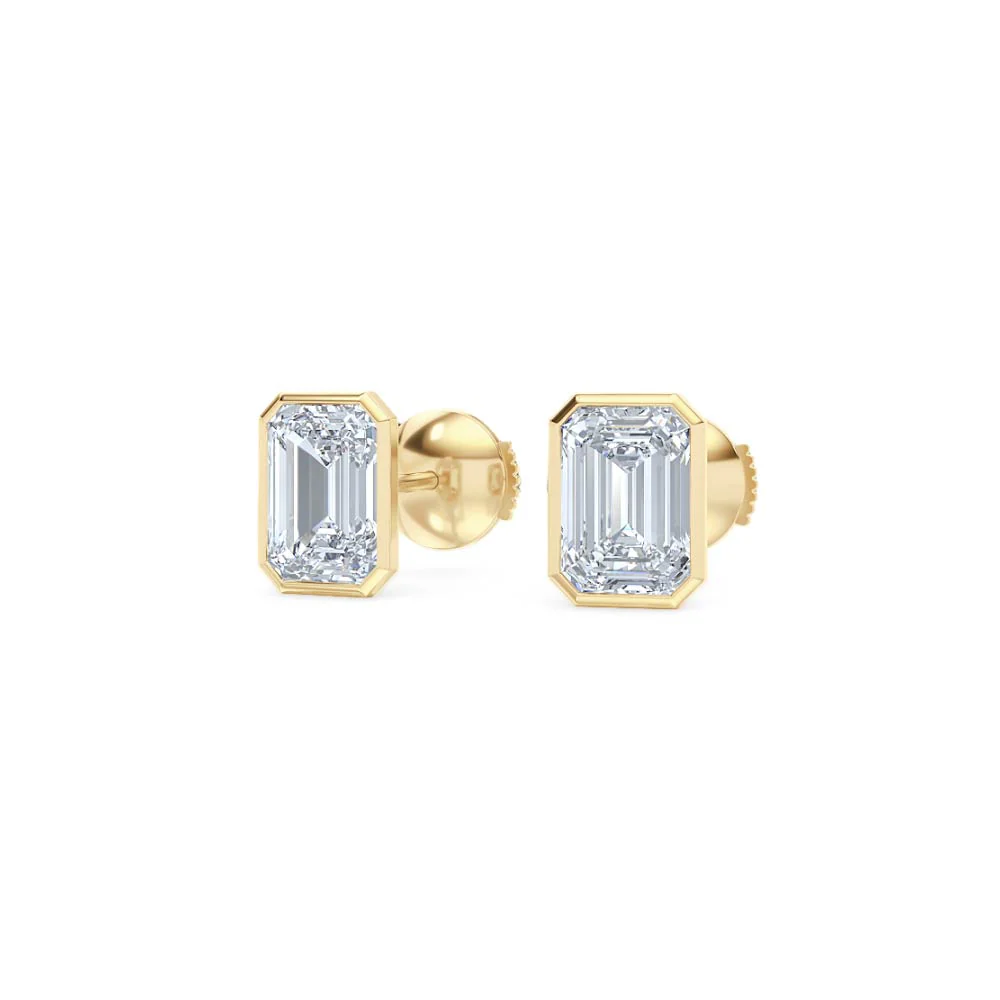 Bezel Set 3.00ct Emerald Cut Lab Diamond Stud Earrings in 18K Yellow Gold - Image 84