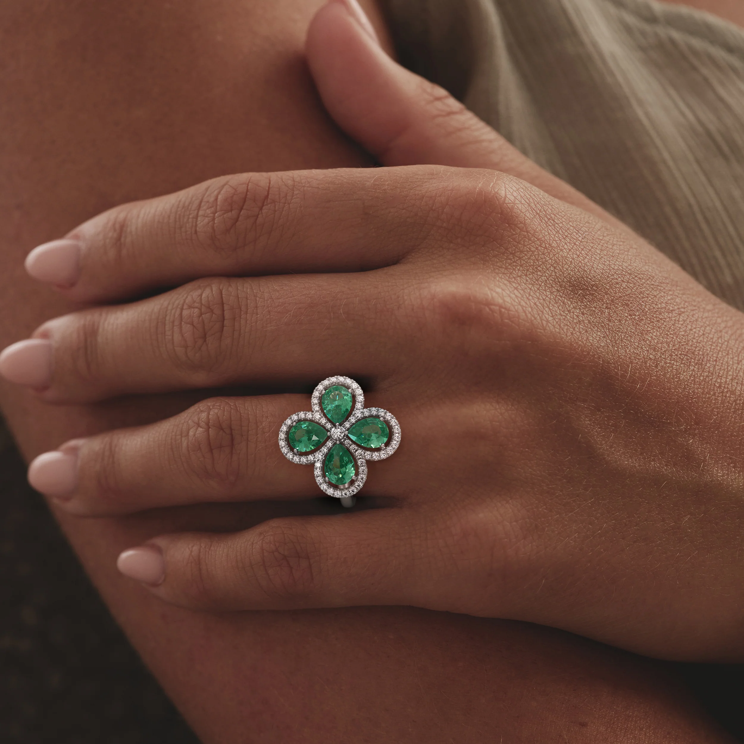 Bloom 3.20ct Lab Emerald and Lab Diamond Ring in 18K White Gold - Image 2