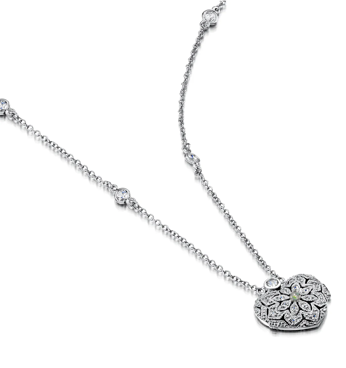 Opal October Birthstone Vintage Locket Necklace White Topaz in Silver - Image 3
