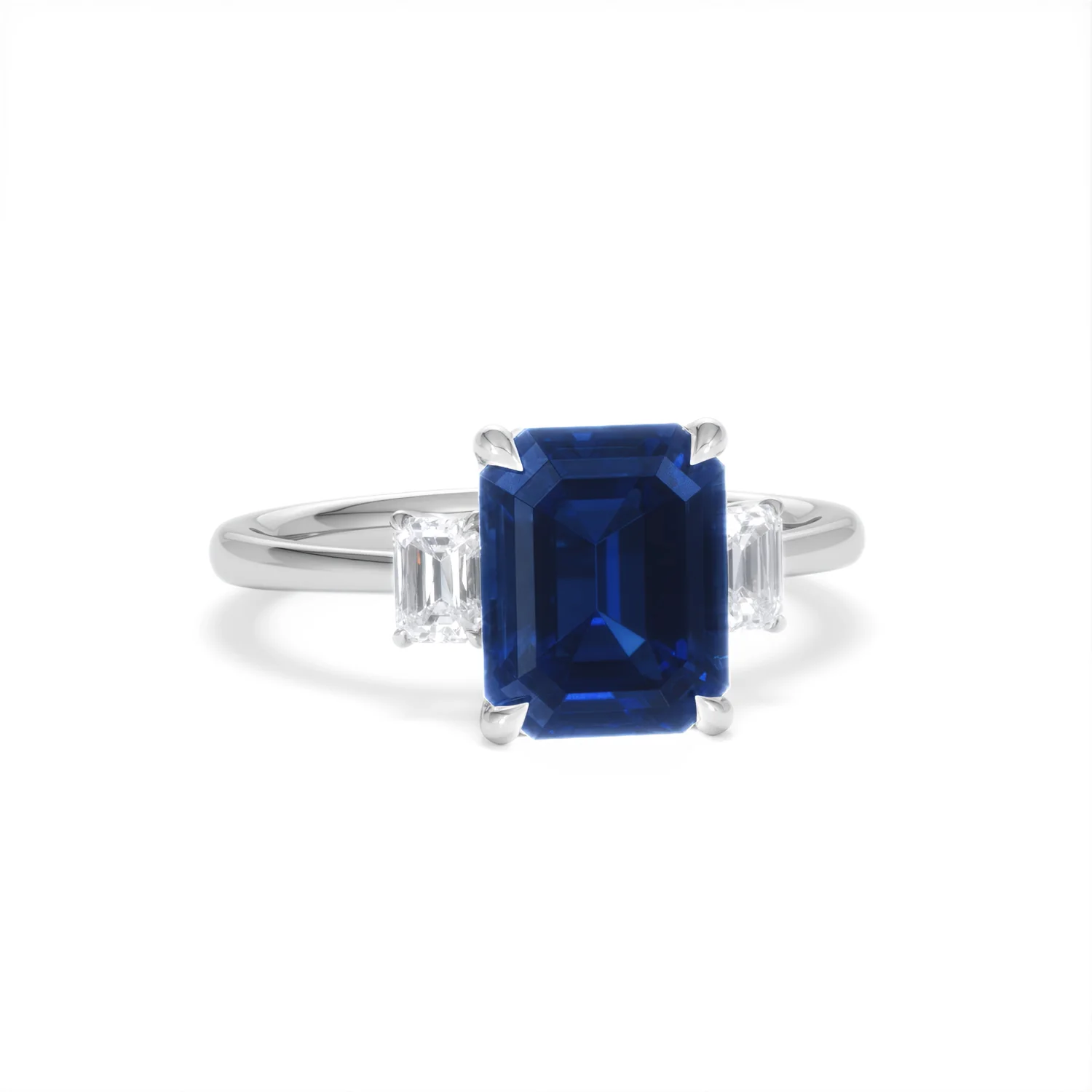 Solene 2.50ct Emerald Cut Lab Sapphire and Lab Diamond 3 Stone Engament Ring in 18K White Gold - Image 11