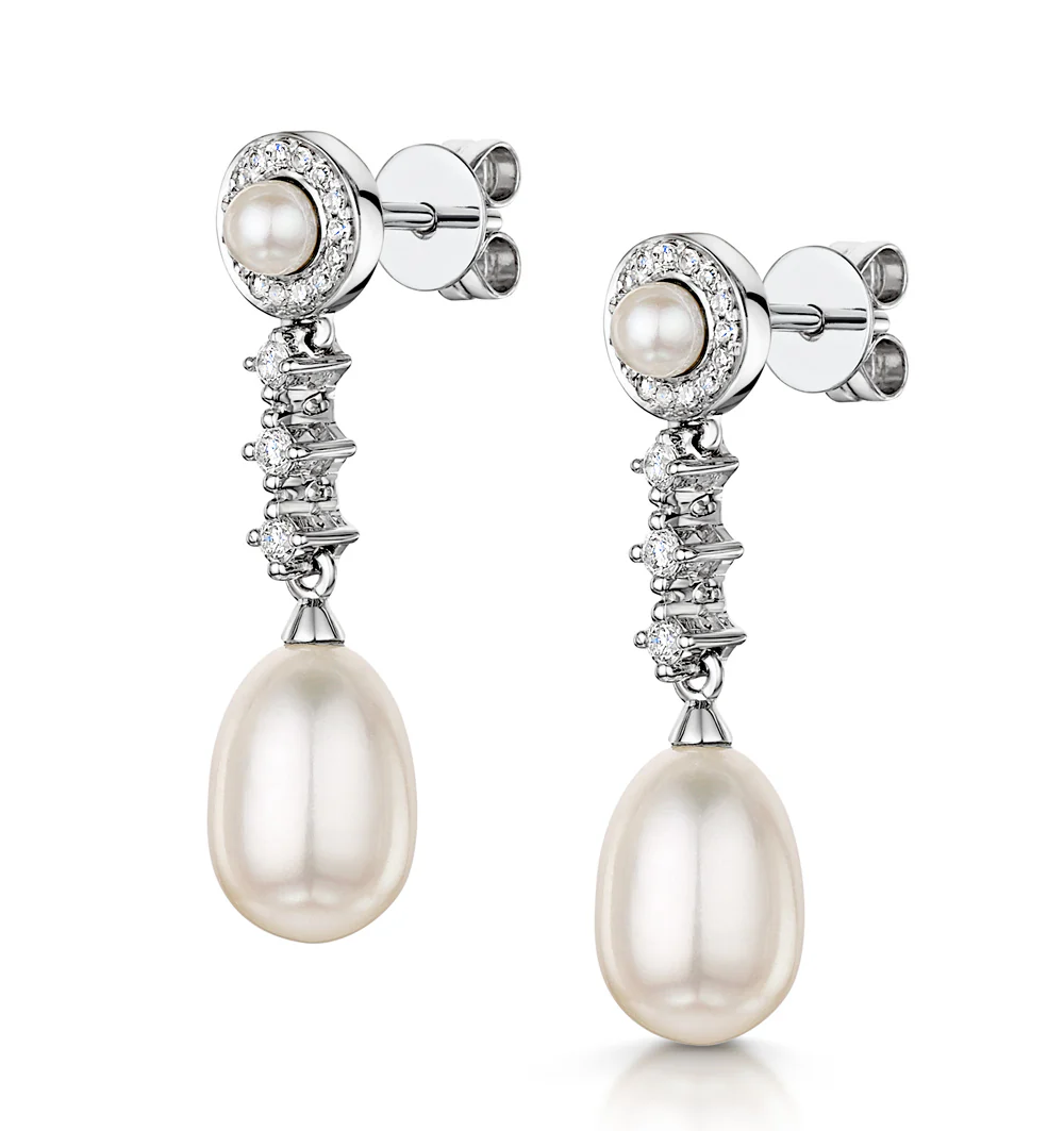 Stellato Collection Pearl and Diamond Earrings in 9K White Gold - Image 3