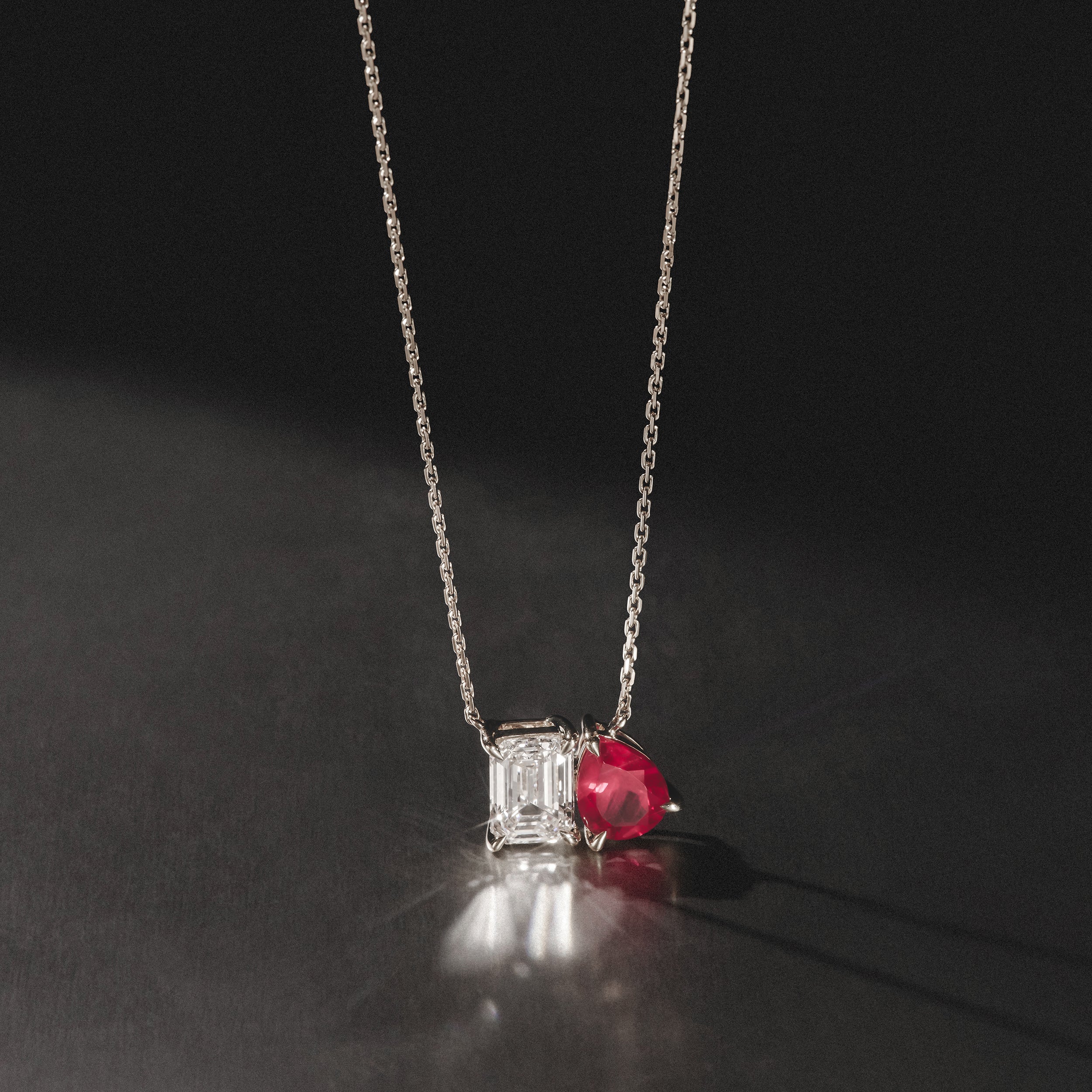 Toi Et Moi 1.50ct Emerald Cut Lab Diamond and 1.30ct Pear Lab Ruby Necklace in 18K White Gold - Image 8