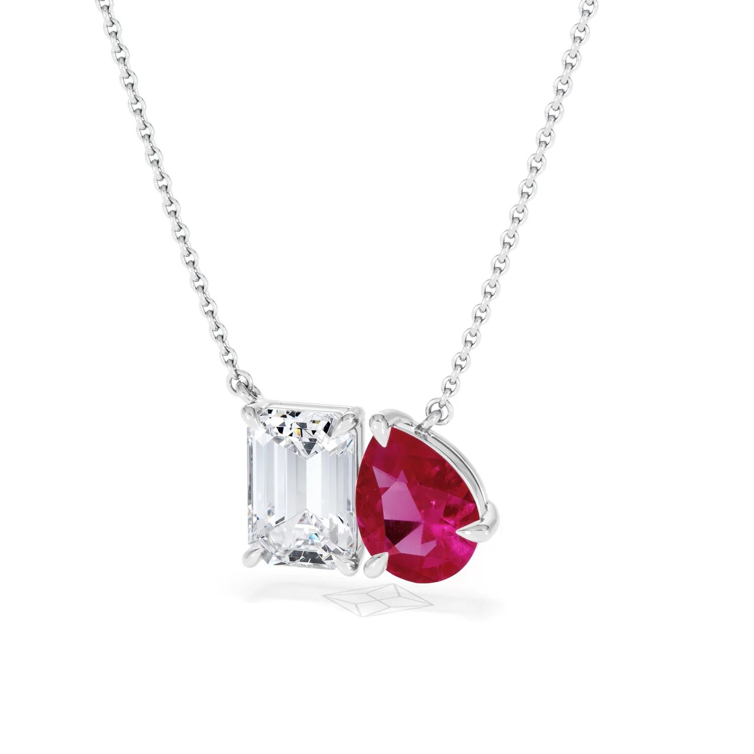 Toi Et Moi 1.50ct Emerald Cut Lab Diamond and 1.30ct Pear Lab Ruby Necklace in 18K White Gold - Image 85