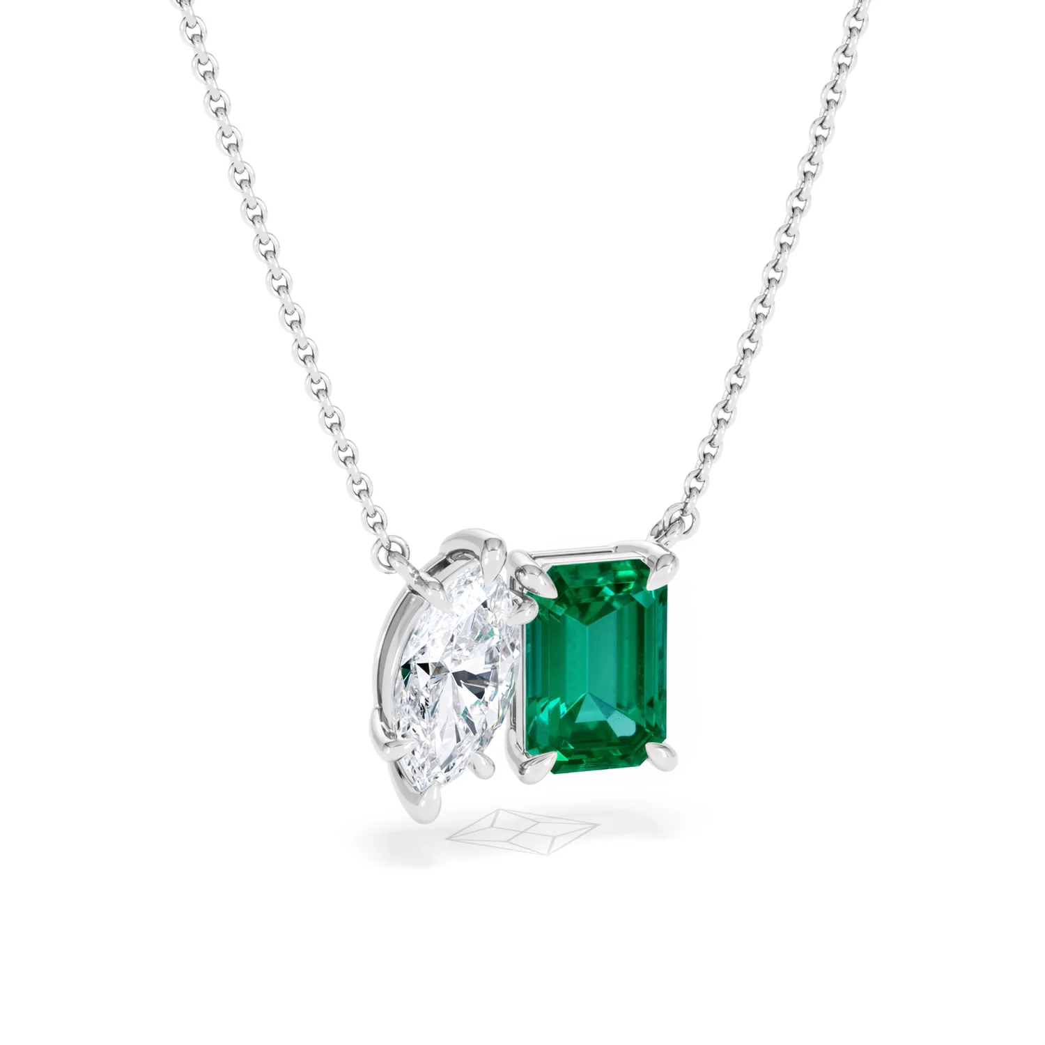 Toi Et Moi 1.50ct Marquise Lab Diamond and 2.50ct Emerald Cut Lab Emerald Necklace in 18K White Gold - Image 13