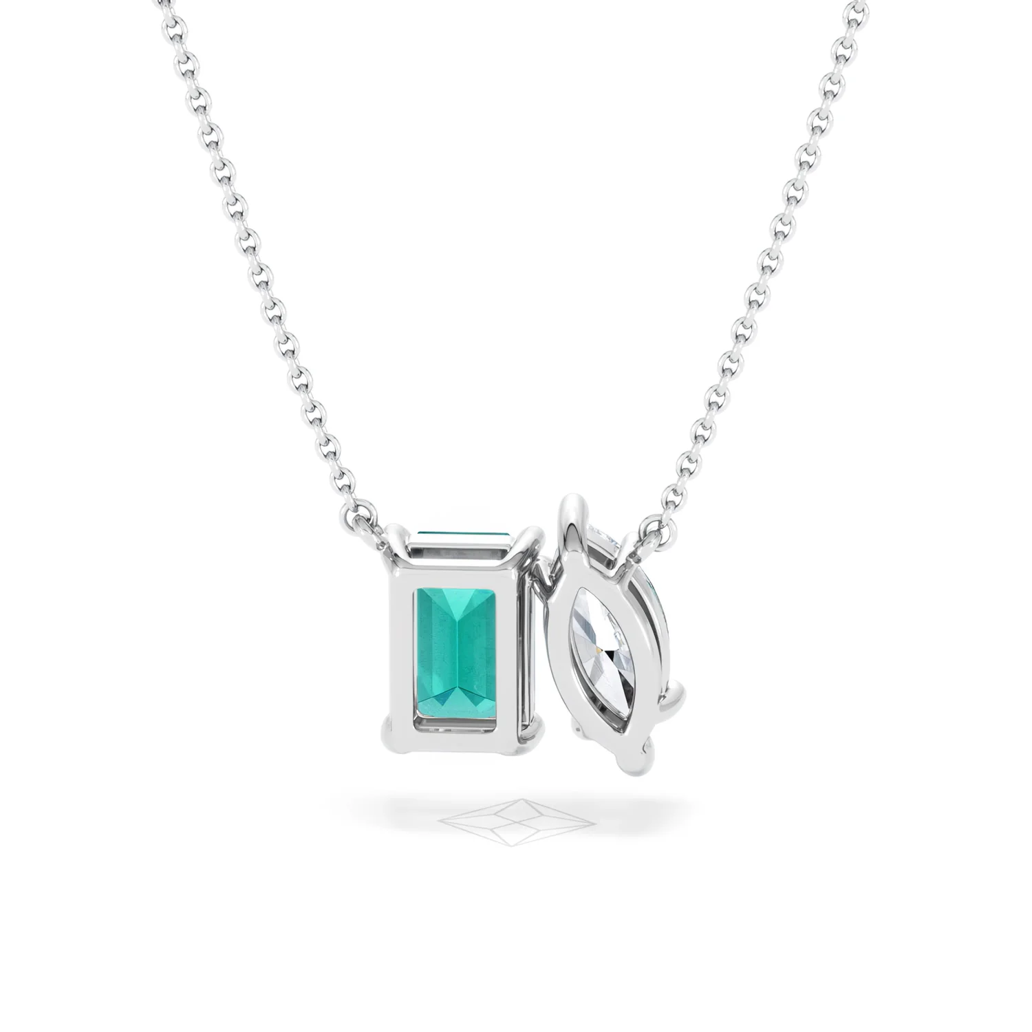 Toi Et Moi 1.50ct Marquise Lab Diamond and 2.50ct Emerald Cut Lab Emerald Necklace in 18K White Gold - Image 48