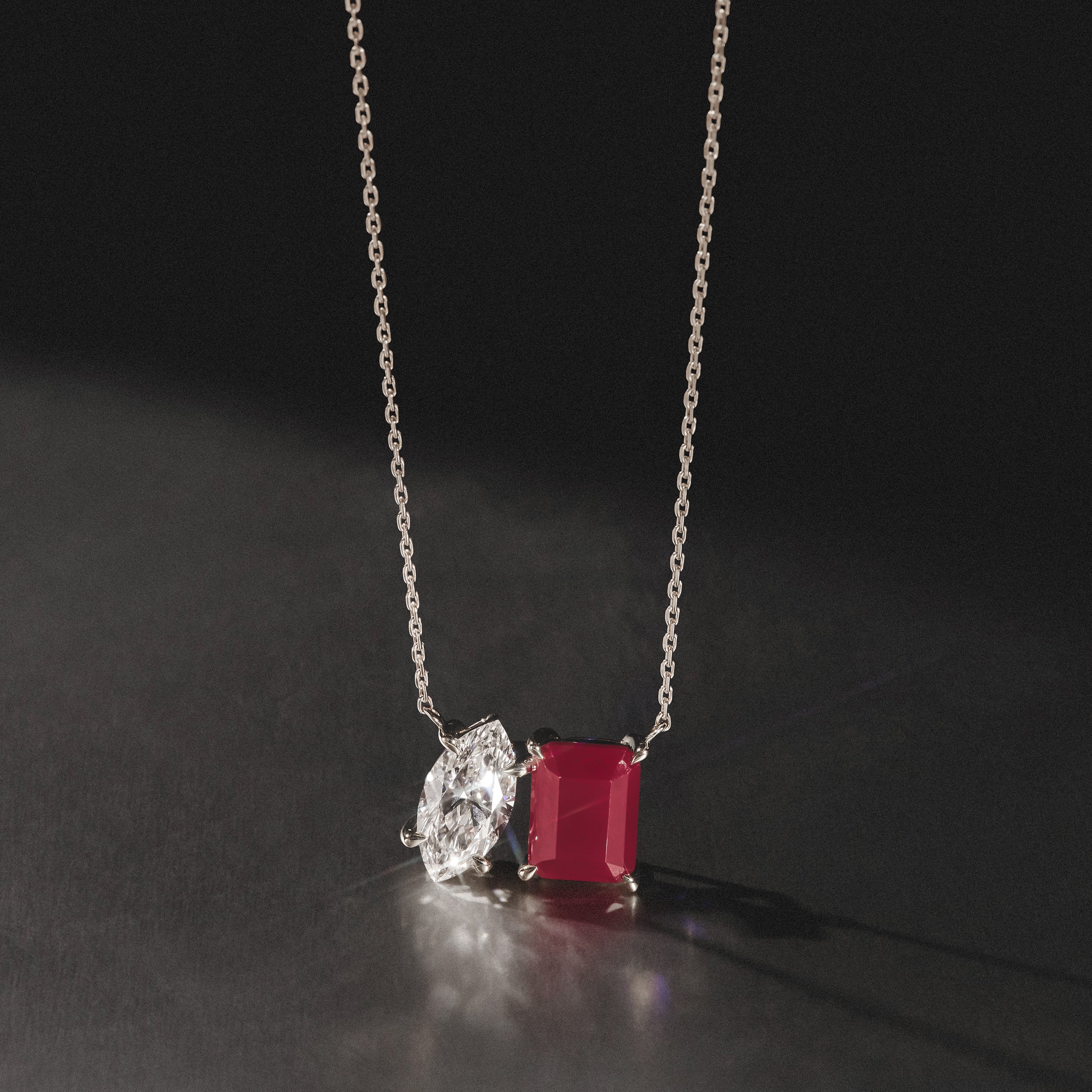 Toi Et Moi 1.50ct Marquise Lab Diamond and 2.50ct Emerald Cut Lab Ruby Necklace in 18K White Gold - Image 8