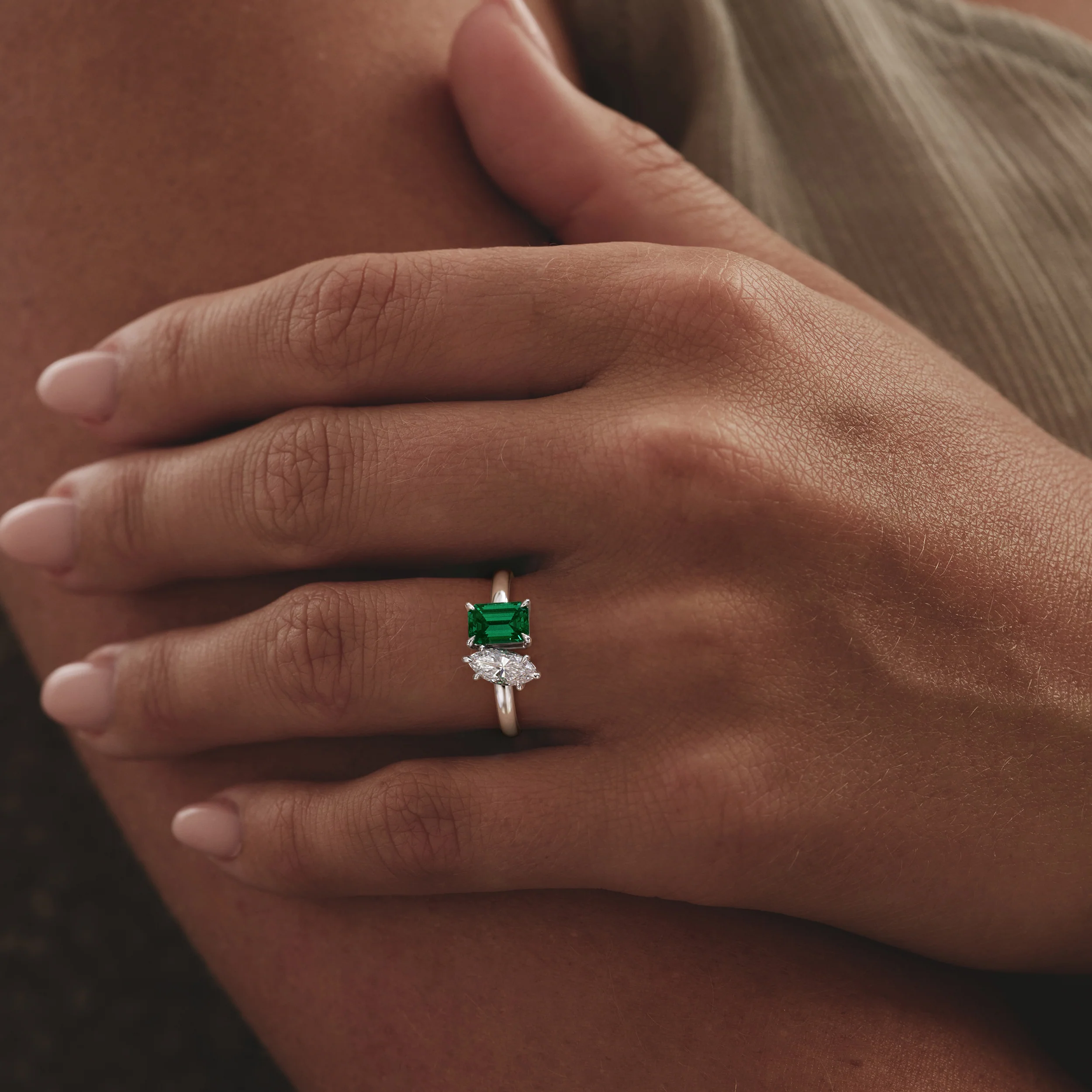 Toi Et Moi 1.50ct Marquise Lab Diamond and 3.30ct Emerald Cut Lab Emerald Engagement Ring in Platinum - Image 2