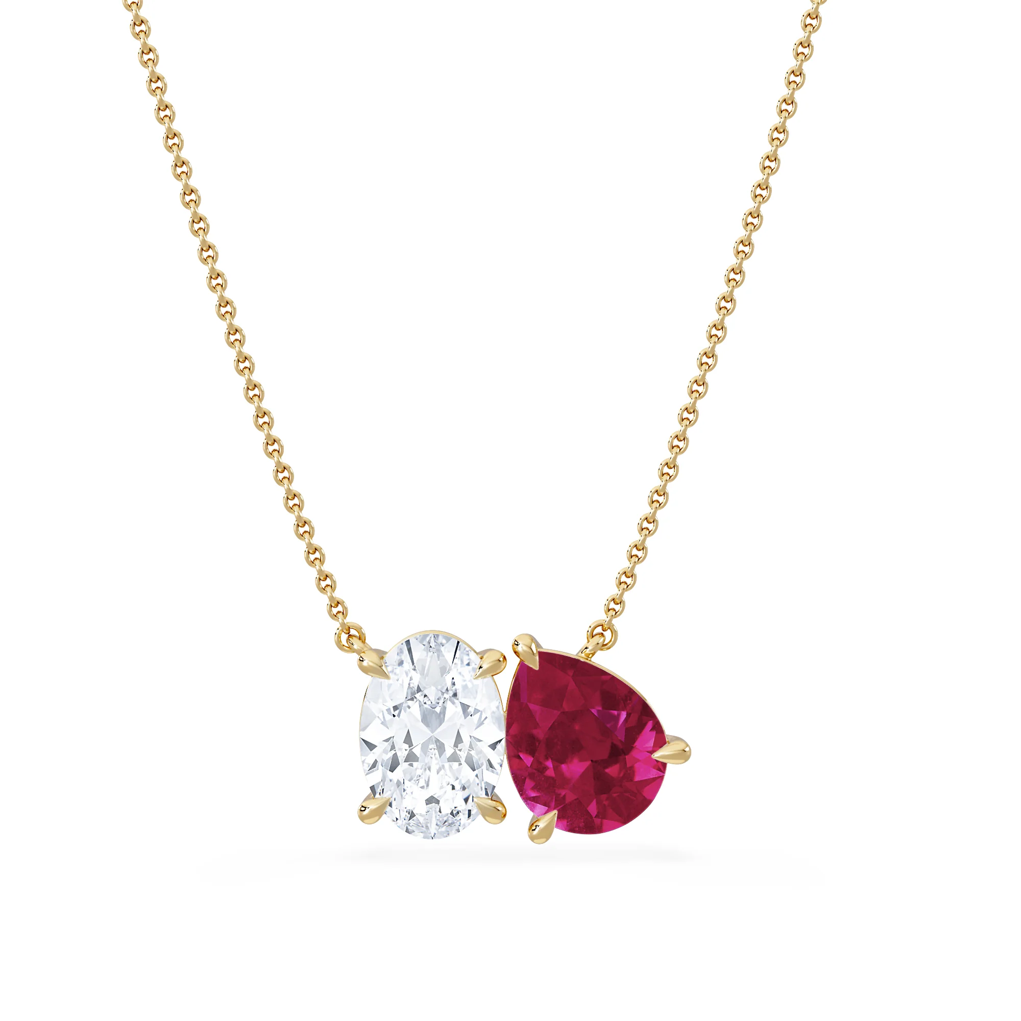 Toi Et Moi 1.50ct Oval Lab Diamond and 2.50ct Pear Lab Ruby Necklace in 18K Yellow Gold - Image 3